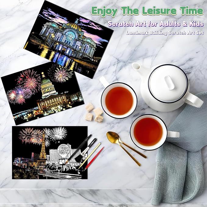 Scratch Art Painting Kit for Adults-8 Sheets A4 Rainbow Scratch Painting Paper Craft Set with City Landmarks|Stress Relief Gift for Travel&Craft Lovers|Scratch Art Home Decor(American Series)