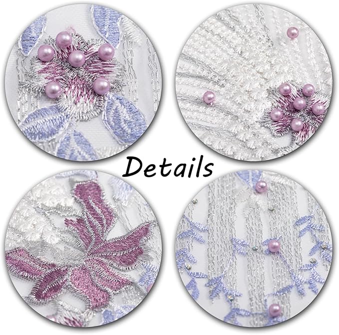 Beaded Pearl Flower Fabric Lace Applique, Floral Embroidered Patches Handmade Sewing Tool for DIY Neckline Bodice Wedding Bridal Prom Dress(Purple-Small)