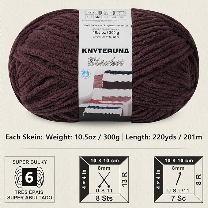 #6 Super Bulky Blanket Yarn for Crocheting - 4 Skeins(Each 10.5oz/300g, 220yds/201m), Chunky Chenille Thick Plush Big Soft Yarn for Crocheting Knitting Blankets, Dark Coffee