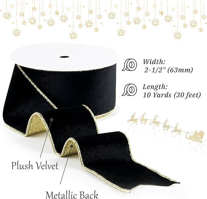 Black Velvet Wired Ribbon with Glitter Back 2.5 Inch Black and Gold Christmas Ribbon Wired Ribbon for Christmas Tree, Gift Wrapping, Mantel, Wreaths Supplies, Topper Bows (10 Yards)