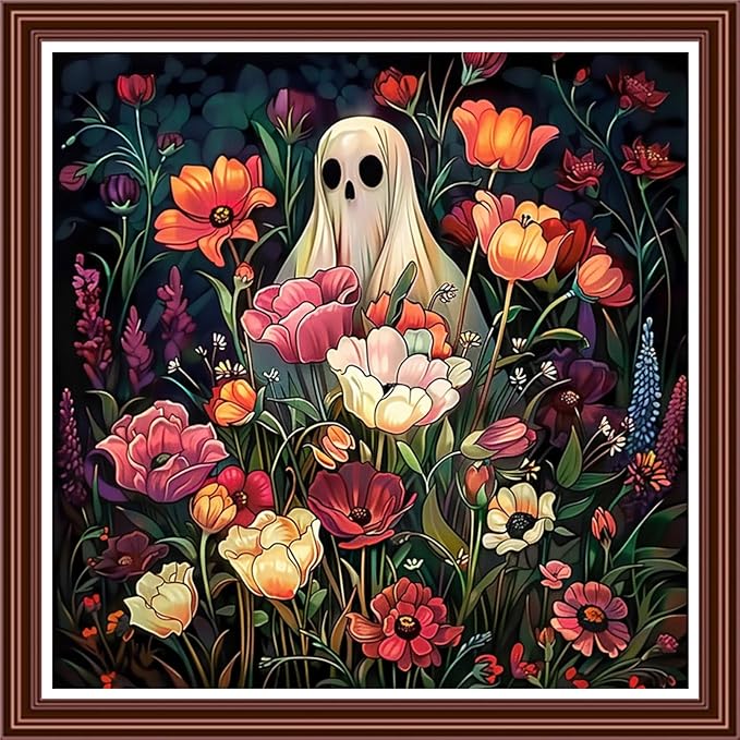 Dimensean Counted Cross Stitch Kit for Beginners, 11CT Unprinted Cross-Stitch Kit Easy Patterns Needlepoint Kit Cross Stitching Embroidery Kit Supplies-Ghost Flowers 18x18 inch