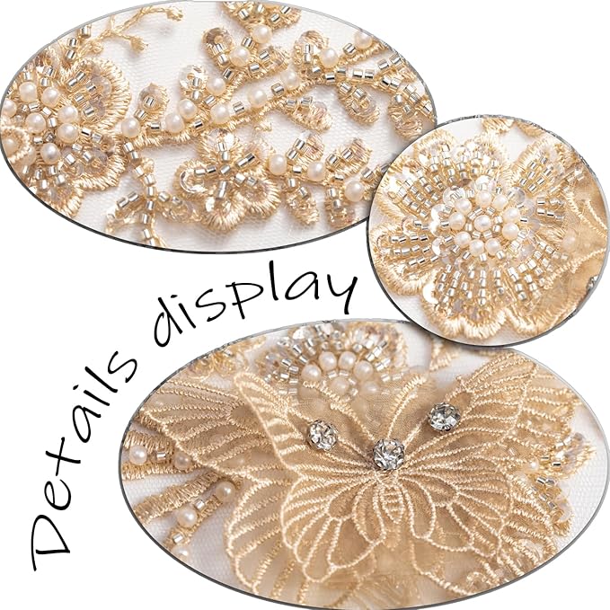 Flower Pearl Fabric Rhinestones Beaded Lace Applique,3D Butterfly Embroidered Lace Patch for Clothes,Dress (Light Coffee)