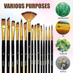 15-Piece Paint Brush Set, Professional Artist Paint Brushes for Kids and Adults - Perfect for Canvas, Fabric, Watercolor, Oil or Acrylic Painting - Ideal for Beginners & Professionals