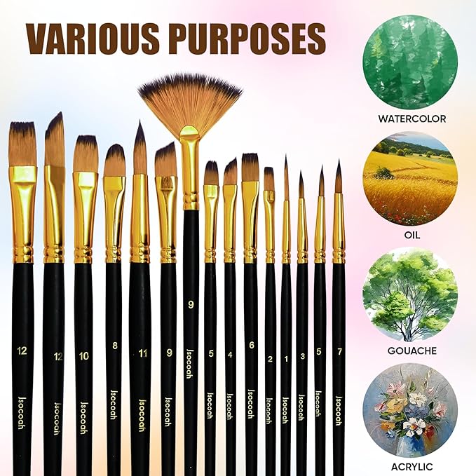 15-Piece Paint Brush Set, Professional Artist Paint Brushes for Kids and Adults - Perfect for Canvas, Fabric, Watercolor, Oil or Acrylic Painting - Ideal for Beginners & Professionals