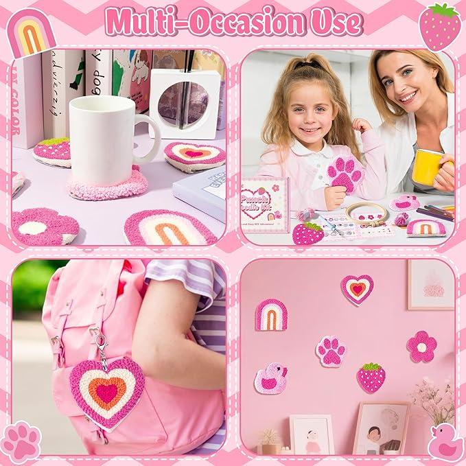 WATINC Christmas Punch Needle Coaster Kits - 23Pcs Easy Art Work Decor Craft Supply for Beginners, DIY Set of 6 Pattern Tufted Pads with Adhesive Felt Yarns Tools Instruction Customized Boxes (Pink)