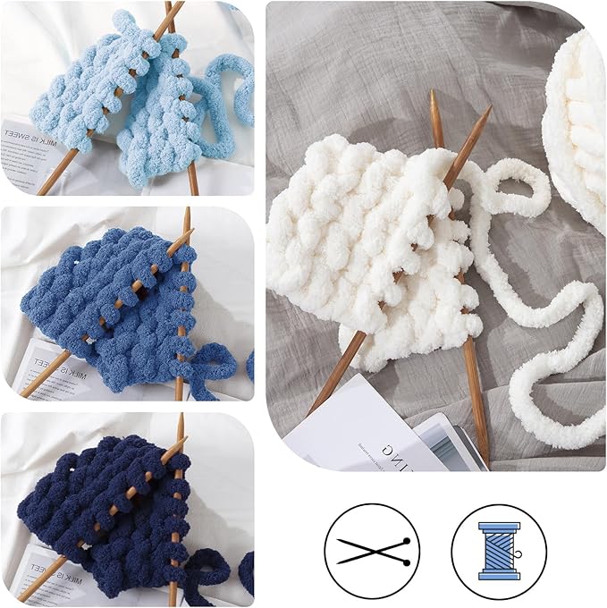 HOMBYS 8 Pack Assorted Chunky Yarn for Crocheting,Super Bulky Large Soft Fluffy Yarn,Plush Fuzzy Yarn,Thick Chenille Yarn for Hand Knitting/Arm Knitting,Cream&Blue (27yds,8 oz Each Skein)