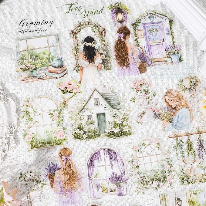 TIAMECH Girl Outside Windowsill PET Stickers - 80 Pcs White Spring Pink Rose & Beauty Violet Girl Design, Waterproof Sticker for Journaling & Scrapbooking, Junk Journal Supplies, Ephemera & DIY Crafts