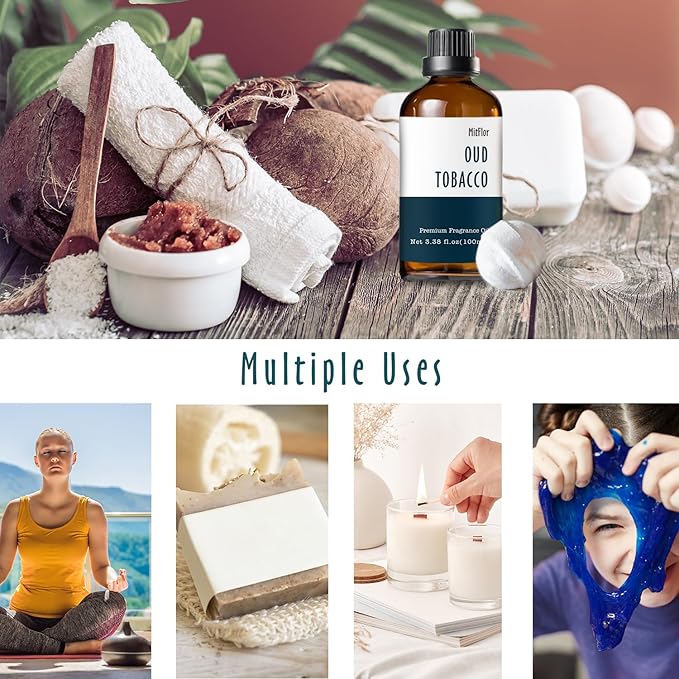 Oud Tobacco Fragrance Oil, MitFlor Single Scented Oil, Large Size Premium Grade Fragrance Oil for Soap & Candle Making, Aromatherapy Oil, Men & Woody Scent for Home Fragrance - 3.38 OZ/100ML