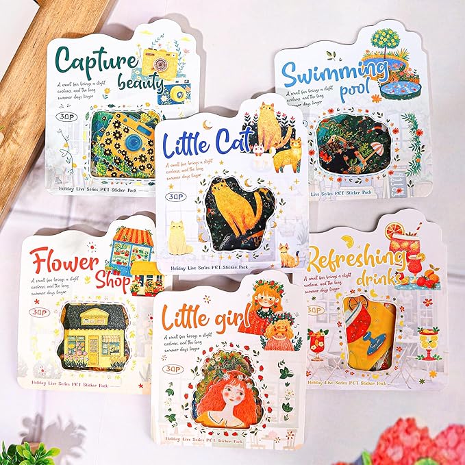 TIAMECH Holiday Facts PET Stickers - 180 Pcs Flower Shop Swimming Pool Girl Cat Design, Waterproof Sticker for Journaling & Scrapbooking, Junk Journal Supplies, Ephemera & DIY Crafts