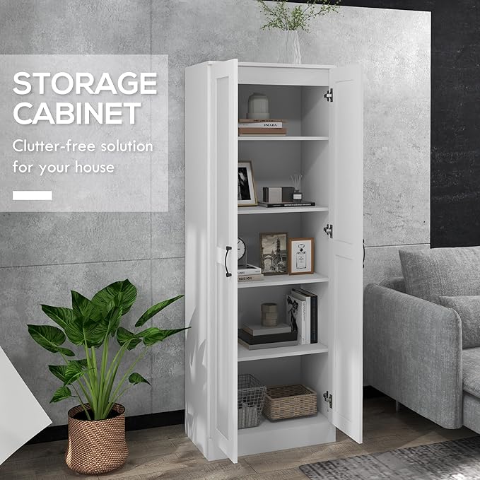 HOMCOM 69" Tall Storage Cabinet with Movable Storage Shelves, Modern Style Pantry Cabinet with Soft Close Doors, White