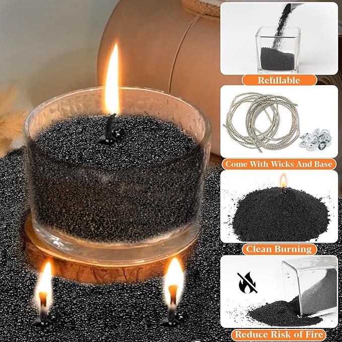 Candle Sand Wax with Wicks and Wick Tabs- 450g DIY Black Pearled Candle Wax, Refillable Pearled Sand Candles with Wicks, for Making Candles for Halloween, Party