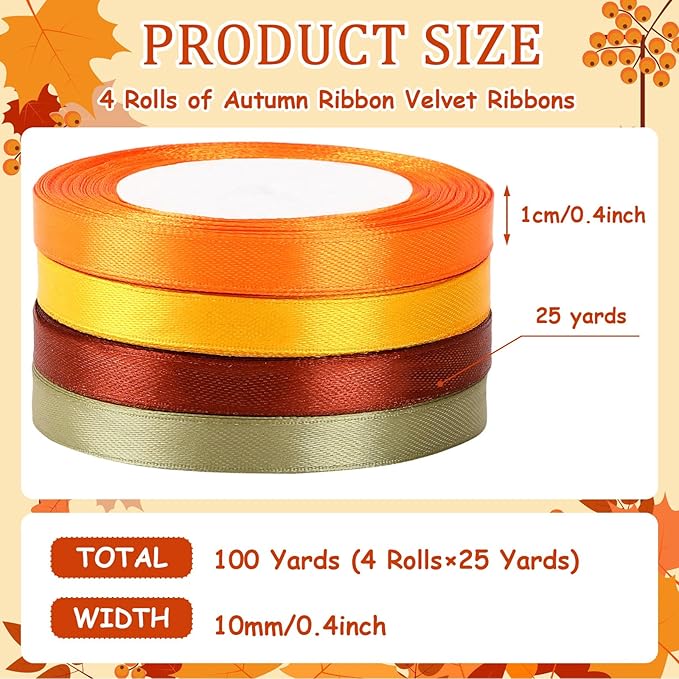 DECYOOL 4 Rolls 100 Yards Fall Ribbons, 10 mm Wide Autumn Thanksgiving Satin Ribbon for Wreath Bows Party Home Decoration Craft Wrapping (Orange, Yellow, Brown, Green)