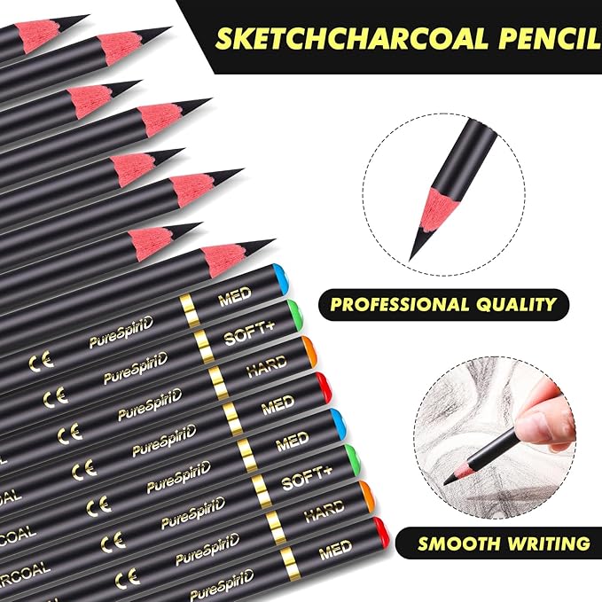100 Pcs Charcoal Pencils Drawing Set, Charcoal Pencils bulk for Drawing Sketching Shading Blending Portrait Beginners and Artists(Black,Super Soft, Soft, Medium and Hard)