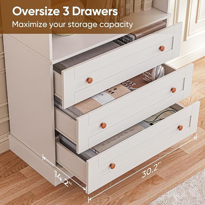 Vyre 71" Tall Modular Farmhouse Bookcase with Glass Doors & Drawers, Set of 3 – Large Storage Cabinet with Adjustable Shelves for Living Room or Kitchen, White