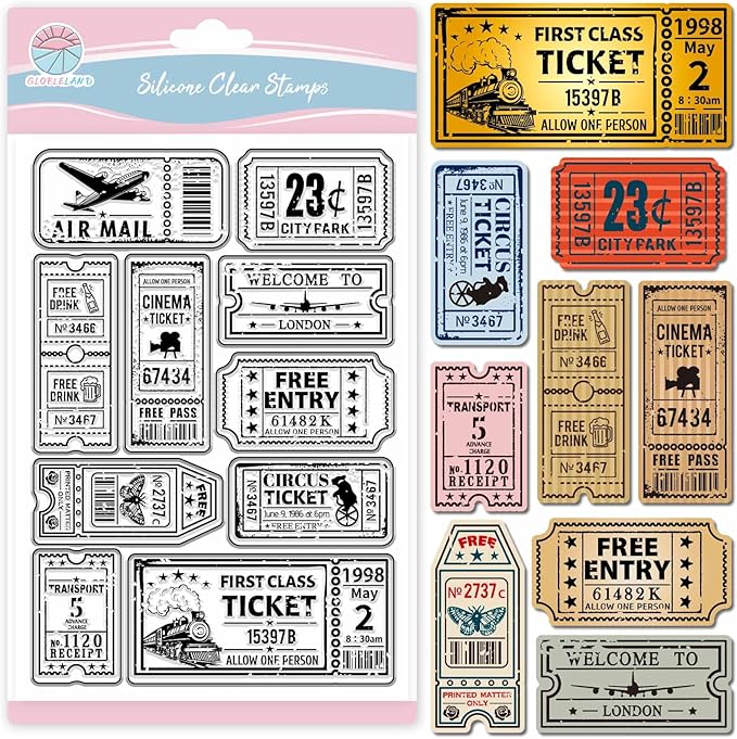GLOBLELAND Vintage Ticket Clear Stamp for Scrapbooking Train Airplane Tickets Silicone Stamps Tag Frame Transparent Stamp for Card Making DIY Embossing Journaling