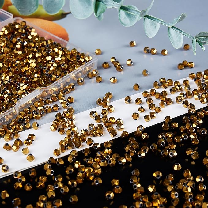 1200PCS 3mm Bicone Crystal Glass Beads for Jewelry Making, Sparkling Mini Beads for Suncatchers, DIY Bracelets & Craft Projects (Coffee Gold)