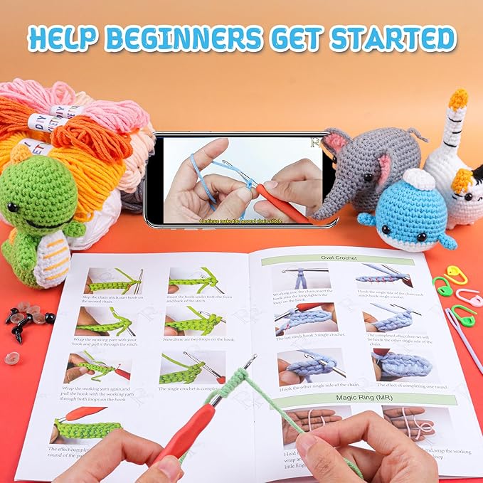 QYGYMXC 6PCS Crochet Kit for Beginners, Knitting Kit with Step-by-Step Video Tutorials, Beginner Crochet Kit for Adults, Crochet Animal Kit for Beginners Kids,Holyday Essentials