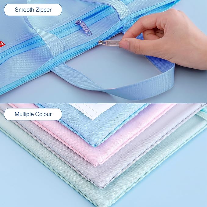 Pendancy Mesh Zipper Pouch 11x13.7 in, 2 pcs Large Double Pocket Waterproof File Bag with Handle, A4 Size Foldable Document Storage for Puzzle Project/Cross Stitch/Travel/Office（Gray Blue）