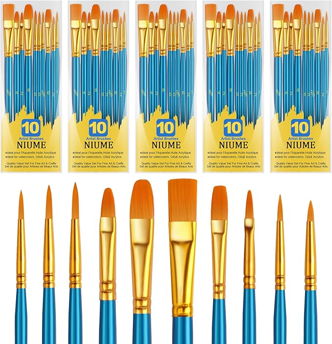 Acrylic Paint Brushes Set, 50Pcs Round Pointed Tip Artist Paintbrushes for Acrylic Painting Oil Watercolor Canvas Boards Rock Body Face Nail Art, Halloween Pumpkin Ceramic Crafts Supplies，Blue