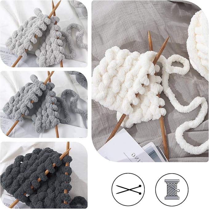 HOMBYS 8 Pack Assorted Chunky Yarn for Crocheting,Super Bulky Large Soft Fluffy Yarn,Plush Fuzzy Yarn,Thick Chenille Yarn for Hand Knitting/Arm Knitting,Cream & Grey(27yds,8 oz Each Skein)