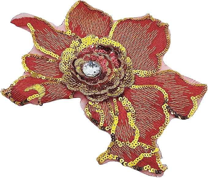 2 PC 3D Red Sequin Lace Trim Rhinestones Applique Patches for Wedding Bridal Dress Decoration DIY Sewing Clothing Decoration, 7 x 5.9 Inch