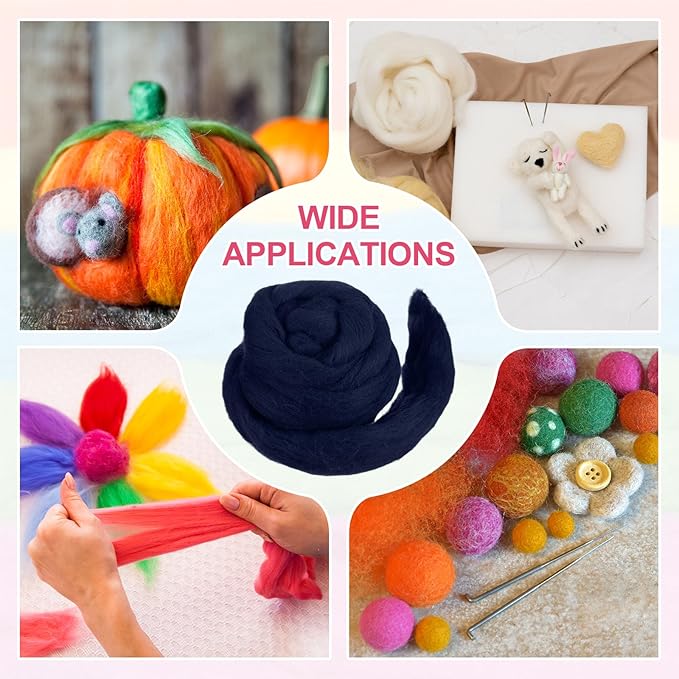 MECCANIXITY Wool Roving Yarn Soft Felting Wool 50g/1.76oz Pure Chunky Roving Yarn for Needle Felting Knitting Blanket Spinning Weaving Art DIY Craft Navy Blue