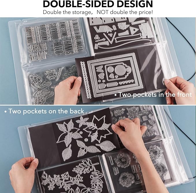 10 Pcs 0.3mm Magnet Sheets and 80 pockets/20 pages Storage Album for Stamp and Cutting Dies Storage Book Organizer Folder for Storage Die Cutting, DIY Scrapbooking Card Making Supplies (Clear)