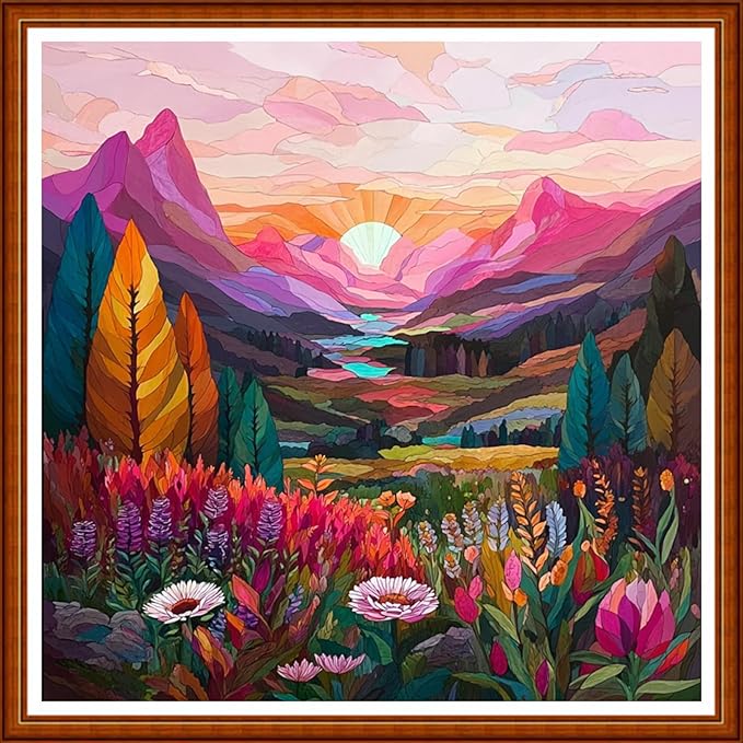 Funart Stamped Cross Stitch Kits for Beginners Full Range of Cross Stitching Preprinted Embroidery Kits for Adults, 11CT Embroidery Pattern Needlepoint Kits-Flower Sunrise Scenery 18x18 inch