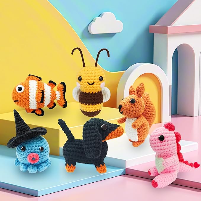Leozzef DIY Crochet Kit for Beginners, 6 Cute Animal Crocheting Kits with Yarn, Hooks & Step by Step Videos, 2026 Easy DIY Craft for Adults & Kids, Handmade Plush Craft Gift for Crochet Lovers