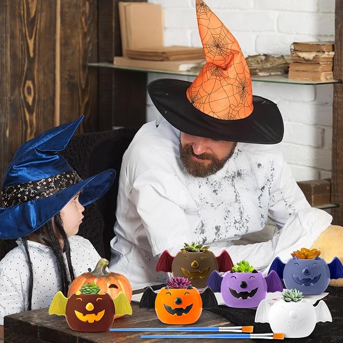 Pasimy 6 Set DIY Ceramic Succulent Planter Pots Paint Your Own Flower Pots Craft Kit Unpainted Bisque Paintable Flowerpot with Brush Palette Ready to Paint for Family Activity Gift (Bat)