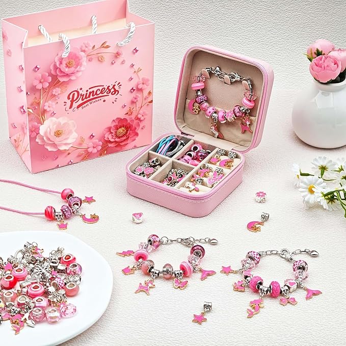 ONADEBY DIY Bracelet Kit with Beads & Charms - Friendship Jewelry Making Kit, A Perfect Birthday and Christmas Craft Gifts with Box Bag Packing (Pink)