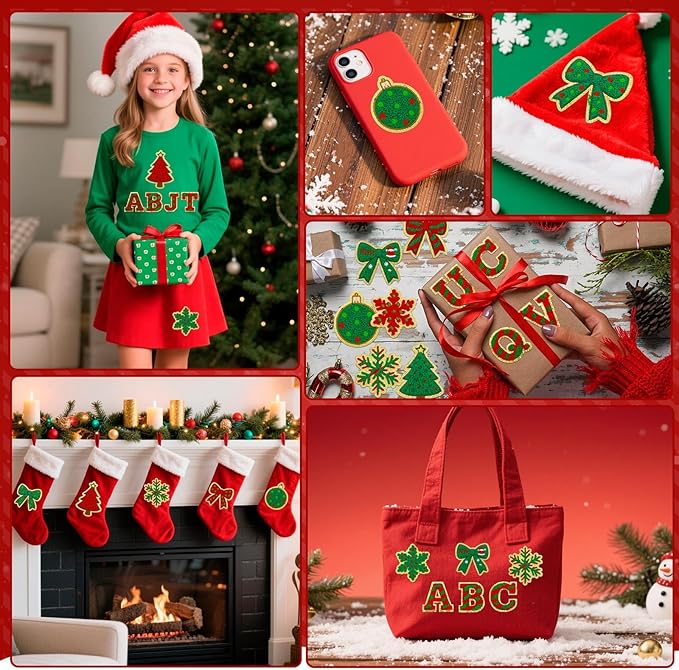 68 Pcs Christmas Patches Red and Green Striped Chenille Letters Patches Self Adhesive Embroidered,Include 52 A-Z Letters Patch,16 Snowflake Christmas Ball Tree Bows Patch Stickers