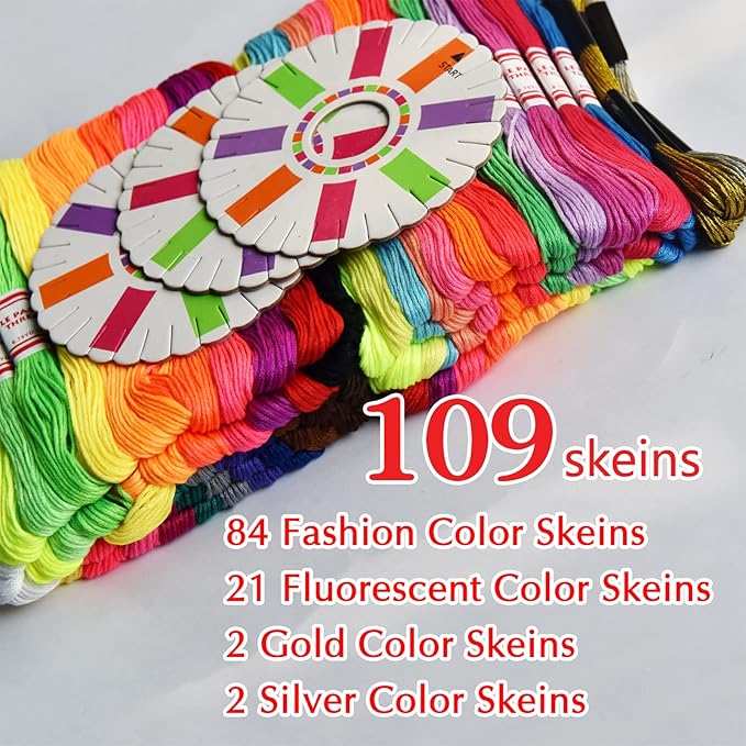 Embroidery Floss Rainbow Color 109 Skeins Per Pack Cross Stitch Threads Friendship Bracelets Floss Crafts Floss with 3 Weaved Plate（105 pcs Embroidery Floss +4 Metallic Embroidery Thread
