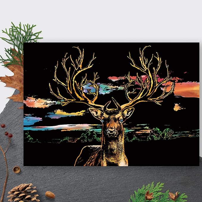 DESINIK Scratch Painting Art for Adults & Teens - 2 Sheets Rainbow Scratch Painting Kit, Scratch Painting Foil Art for Adults, Stress Relief Adult Craft Kits A3(Deer & Elephant)