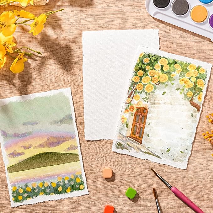 100 Sheets Watercolor Paper 5 x 7inch, 300 GSM Deckled Edge Paper Rough/Textured Handmade Paper for Watercolors, Wedding Invitations, Cards, Crafts