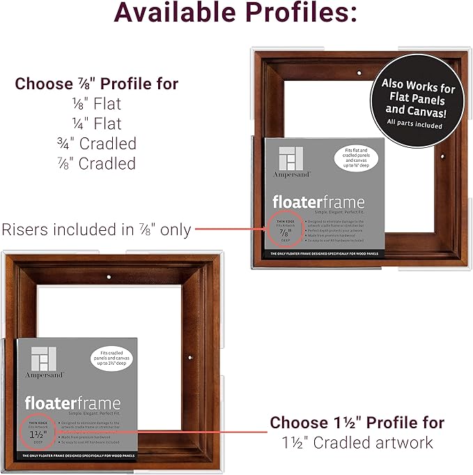 Ampersand Art Supply Floaterframe Readymade Frame for Flat and 7/8" Deep Wood Panel and Canvas Artwork, Paintings, Prints, and More, 12"x12", Walnut Thin