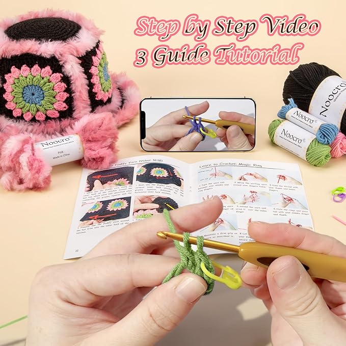Noocro Crochet Kit for Beginners or Intermediate Level, Fuzzy Granny Square Bucket Hat, Step by Step Video Tutorial, Detailed Instruction Complete Kit Craft Supplies Holiday Gift (Black Pink)