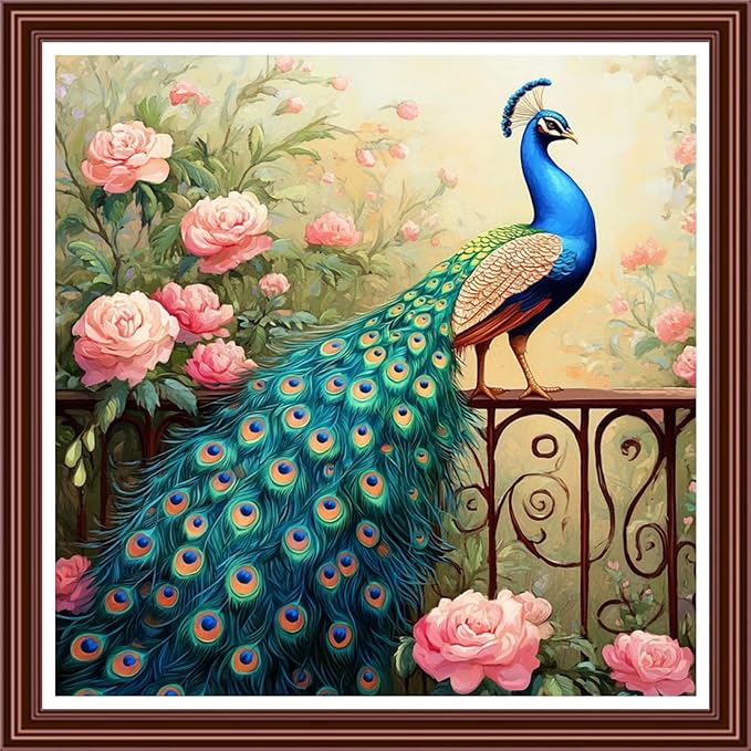 Dimensean Counted Cross Stitch Kit for Beginners, 11CT Unprinted Cross-Stitch Kit Easy Patterns Needlepoint Kit Cross Stitching Embroidery Kit Supplies-Blue Peacock Flower 18x18 inch