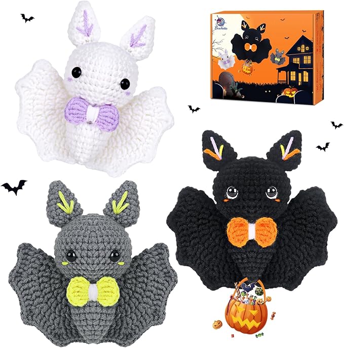 Crochet Kit for Beginners, Beginner Crochet Kit for Adults with Step-by-Step Video Tutorials, Halloween Gifts DIY Crochet Animal Kits Knitting Supplies, 3 Pack Bat Family (40%+ Yarn)