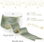Sage Green Velvet Wired Ribbon with Glitter Back 2.5 Inch Green and Gold Christmas Ribbon Wired Ribbon for Christmas Tree, Gift Wrapping, Crafts, Wreaths Supplies, Topper Bows (10 Yards)