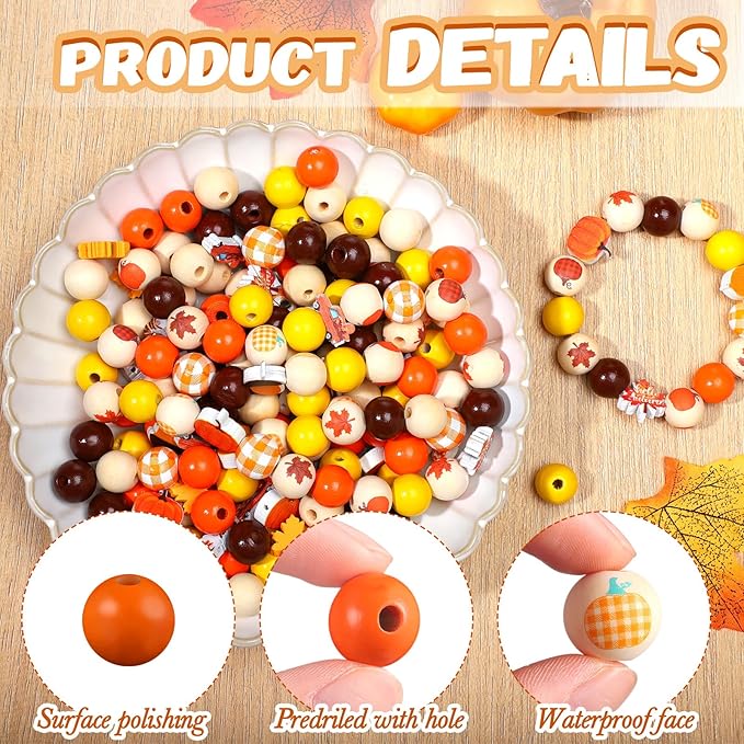 Huwena 200 Pcs Fall Wooden Beads Autumn Pumpkin Maple Leaf Colorful Round Loose Spacer Thanksgiving Beads Wood Bead Colorful Craft for DIY Craft Making Bracelet Necklace Home Decor