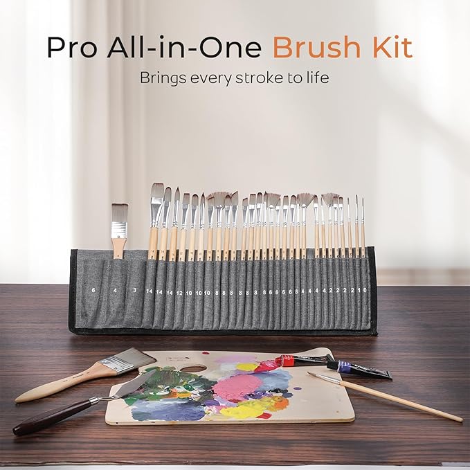 Nicpro 32pcs Paint Brush Set, Acrylic Paint Brushes, Professional Artist Series with Paint Spatula and Cloth Roll, Paintbrushes for Oil, Acrylic Canvas Paintings, Watercolor, Art Supplies
