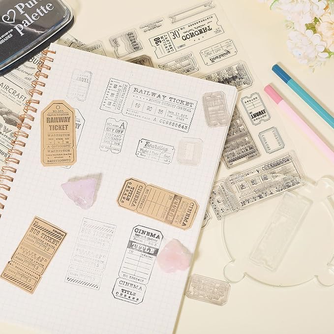 GLOBLELAND Retro Travel Ticket Clear Stamps for Cards Making Vintage Movie Ticket Background Clear Stamp Seals 5.83x8.27inch Transparent Stamps for DIY Scrapbooking Photo Album Journal