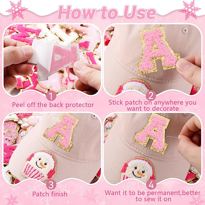 154 Pcs Pink Christmas Patches Chenille Christmas Letter Patches Self Adhesive Embroidered,Include 104 A-Z Letters Patch Stickers,50 Winter Snowflake Snowman Wreath Stick on Patch for Backpacks