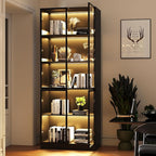 Wooden Display Storage Cabinet with Glass Door, LED Lights,Showcase for Collections, Perfume, Vinyl Albums, Bookcase for Home Office, Living Room, Clinic, Pantry (5 Layers-Black)