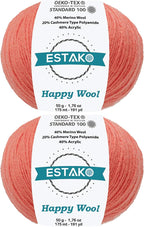 Estako Happy Wool (2 Skeins Pack) 40% Merino Wool 20% Cashmere Type Polyamide 40% Acyrlic Fingering Weight Soft Knitting and Crochet Yarn (2 x 1.76 oz) (2 x 191 yds) (8019 - Coral)