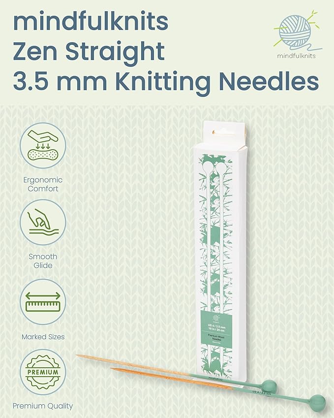 mindfulknits Premium Straight Single Pointed Beech Wood Knitting Needles – Size US 4, 3.5mm – 35cm Length – Straight Needle Set - Crafting & Knitting Supplies for Relaxation & Stress Relief (3.5mm)