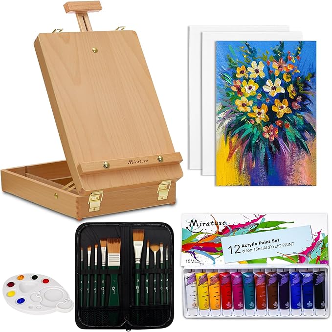 Deluxe Art Supplies 27 Pieces Art Set with Tabletop Easel, 12 Colors Acrylic Paint, 10 Paint Brushes, 3 Canvas Panels, Palettes