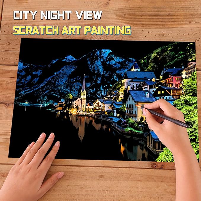 Scratch Art for Adults-Scratch Painting Craft Kit (4 Sheets 16x11 in)|Foil Engraving Art Set|Stress Relief Gift for Travel Lovers,Craft Lovers|Creative Scratch Art Home Decor(City Scape 1)