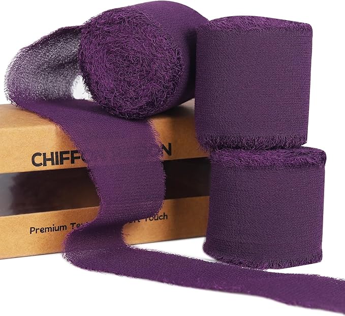3 Rolls Purple Handmade Fringe Chiffon Ribbon 1.5" x 7Yd Colorful Silk-Like Ribbon for Bouquets Wrapping Decor Wedding Tie Invitations Crafts